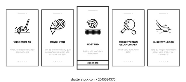 Sport Active Competitive Game Onboarding Mobile App Page Screen Vector. Basketball And Volleyball, Soccer And Rugby, Tennis And Badminton Sport Illustrations