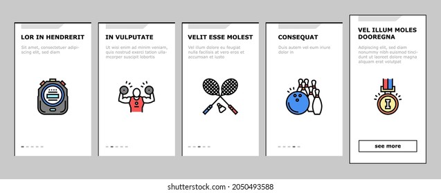 Sport Active Competitive Game Onboarding Mobile App Page Screen Vector. Basketball And Volleyball, Soccer And Rugby, Tennis And Badminton Sport Illustrations