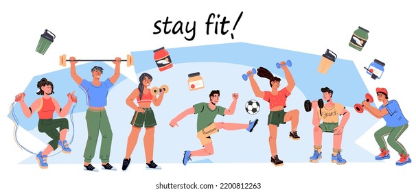 Sport active lifestyle banner concept with people doing sports, flat cartoon vector illustration isolated on white background. Banner template of stay fit and be active design.