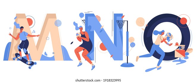 Sport and active lifestyle characters with capital letters M for mountainboarding, N for netball and O for orienteering. Cartoon women running, ready for throw and riding board