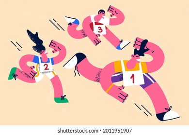 Sport, active lifestyle, competition concept. Group of young people jogging in park taking part in competition winning places competing with each other vector illustration