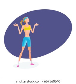 Sport and active lifestyle. Summer fitness girl training. Beautiful girl in summer sportswear, engaged in exercise therapy and does breathing exercises, relaxes. Illustration, people in cartoon style.