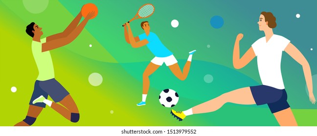 Sport activities banner with strong dynamic basketball, tennis and football players on bright background. Healthy lifestyle illustration for your design.