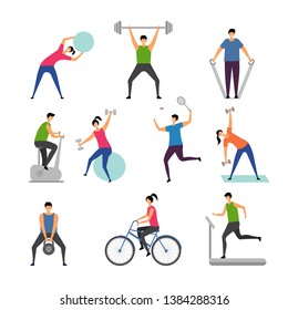 Sport activities. Characters outdoor making some exercises active people running man gymnastics fitness vector pictures