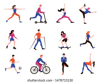 Sport activities flat characters icons set with fitness yoga practice cyclist football player skateboarder isolated vector illustration 