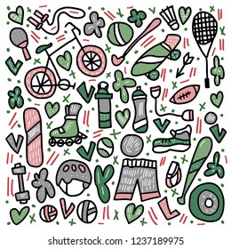 Sport activities. Healthy lifestyle tools,  symbols in doodle style. Fitness vector concept.