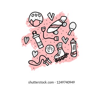 Sport activities. Healthy lifestyle tools,  symbols in doodle style. Fitness vector concept.