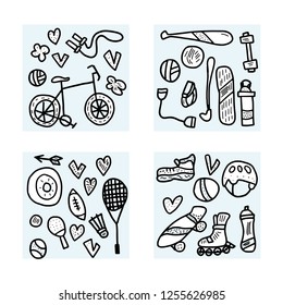 Sport activities. Healthy lifestyle tools,  Square compositions with sketch symbols in doodle style. Fitness vector concept.