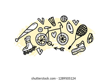 Sport activities. Healthy lifestyle tools,  symbols in doodle style. Fitness vector concept.