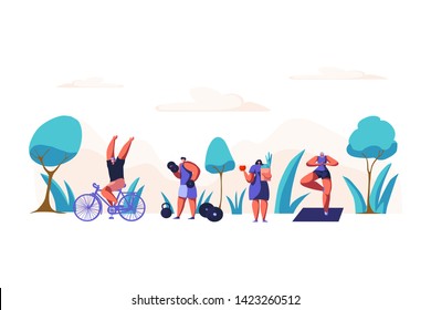Sport activities and organic nutrition, cycling, weight lifting, workout, vitamin diet, vegetarian food, outdoor yoga. Healthy lifestyle, health care concept cartoon sketch. Flat vector illustration