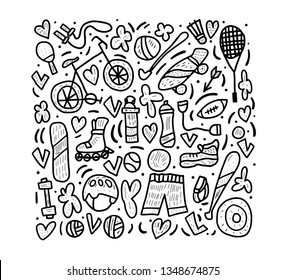 Sport activities poster. Healthy lifestyle tools,  sketch symbols in doodle style on white background. Fitness vector concept.