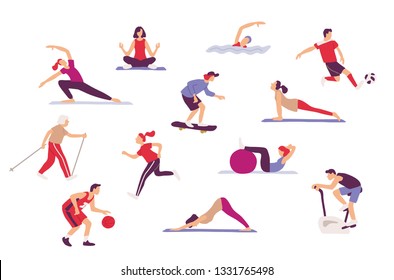 Sport  activities set. Sport enthusiasts, athletes , amateur sportspersons doing sport exercises . Athletic Training and Sports Health Care.