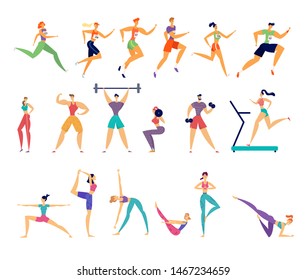 Sport Activities Set. Male and Female Sportsmen Characters Workout. Yoga, Marathon Running, Fitness, Bodybuilding, Gymnastics Exercises, People Training in Gym, Health Cartoon Flat Vector Illustration