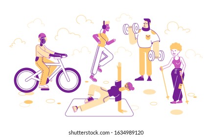 Sport Activities Set. People Doing Sports Stretching Exercise, Fitness Workout with Dumbbells, Riding Bicycle, Scandinavian Walk. Healthy Lifestyle, Leisure. Cartoon Flat Vector Illustration, Line Art