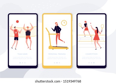 Sport activities - set of vector web pages, onboarding screen. Training exercises. Volleyball, treadmill, tennis. Workout and games. App UI, UX templates with flat illustrations and text space