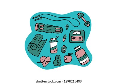 Sport activities tools, symbols in doodle style. Fitness vector concept. Poster, banner, greeting card, print isolated symbols.