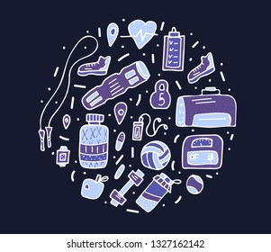 Sport activities tools, symbols in doodle style. Fitness vector concept. Poster, banner, greeting card, print isolated symbols.