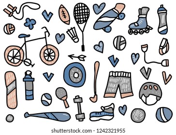 Sport activitiescollection. Set of healthy lifestyle tools,  symbols in doodle style on white background. Fitness vector concept.