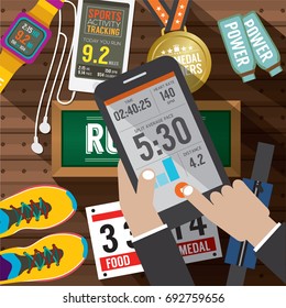 Sport Activity Application In Smartphone With Sport Gears Items In Background Vector Illustration