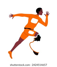 Sport activity concept. Man run with prosthesis. Active lifestyle and leisure, sports. Graphic element for website. Cartoon flat vector illustration isolated on white background