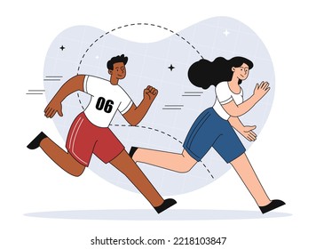 Sport activity concept. Marathon or sprint. Active lifestyle and sports. Athletes are running. Poster or banner for website, graphic element. Useful hobby and leisure. Cartoon flat vector illustration