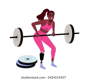 Sport activity concept. Woman with prosthesis lifts weights. Active lifestyle and leisure, sports. Template and layout. Cartoon flat vector illustration isolated on white background