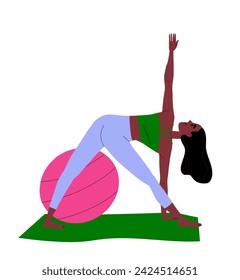 Sport activity concept. Woman stretching with fitball. Active lifestyle and leisure, sports. Sticker for social networks. Cartoon flat vector illustration isolated on white background