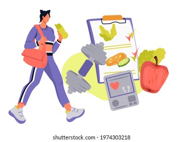 Sport activity and diet plan concept with sportive woman going to training, flat vector illustration isolated on white background. Daily planning of menus and physical activity for weight loss.