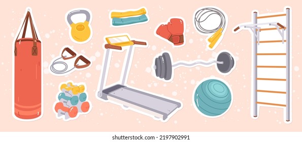 Juego de pegatinas para equipos deportivos. TORNILLOS, pesas, cinta de correr, bola de fitness, barra de pared de gimnasia, guantes de boxeo, bolsa de punzón. Estilo de vida atlético sano, colección de ejercicios de ilustración vectorial plana