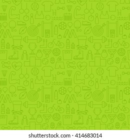 Sport Activity Exercise Seamless Green Pattern. Vector Fitness Design And Seamless Background In Trendy Modern Line Style. Thin Outline Art