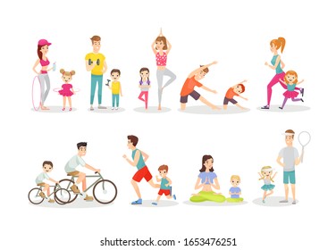 Conjunto de ilustraciones vectoriales planas de actividad deportiva. Deporte activo, ejercicios, estilo de vida atlético. Gimnasio, yoga, ciclismo y carreras. Padres y niños que practican deportes aislados personajes de caricaturas