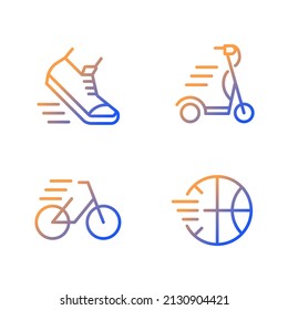 Sport activity gradient linear vector icons set. Playing basketball. Riding bicycle. Leisure time. Thin line contour symbol designs bundle. Isolated outline illustrations collection