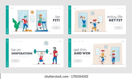 Sport Activity, Healthy Life Landing Page Template Set. People Doing Fitness Workout with Weight, Run on Treadmill. Characters Training with Professional Equipment in Gym. Linear Vector Illustration