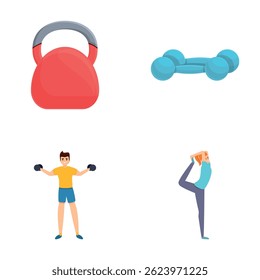 Sport activity icons set cartoon vector. People doing sport or physical exercise. Full body workout