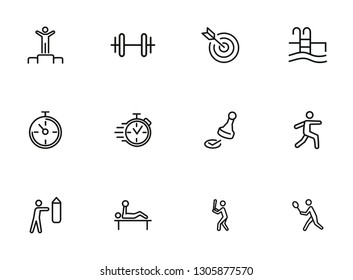 Sport and activity icons. Set of line icons on white background. Stop watch, sportsman. Active lifestyle concept. Vector illustration can be used for topics like competition, swimming, boxing