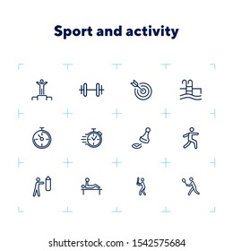 Sport and activity icons. Set of line icons on white background. Stop watch, sportsman. Active lifestyle concept. Vector illustration can be used for topics like competition, swimming, boxing