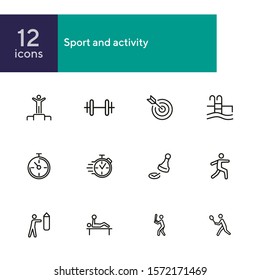 Sport and activity icons. Set of line icons on white background. Stop watch, sportsman. Active lifestyle concept. Vector illustration can be used for topics like competition, swimming, boxing