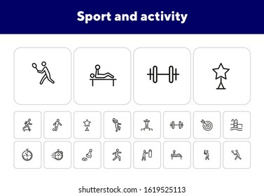 Sport and activity icons. Set of line icons on white background. Stop watch, sportsman. Active lifestyle concept. Vector illustration can be used for topics like competition, swimming, boxing