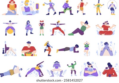 Sport activity illustration set. Cartoon flat active sportsman collection with man woman character doing yoga asana, fitness exercises with dumbbells in gym, healthy lifestyle isolated