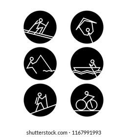 sport activity line art icon, biking, skiing, canoeing, paragliding, fishing, hiking