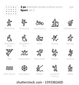 Sport and Activity outline vector icons. Kickboxing, Cycling, Wheelchair Walk, Run, Racquetball, Squash Lacrosse. Editable stroke