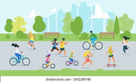 Sport activity in park flat vector illustration. People jogging, riding bicycle in city park cartoon characters. Kids in protective gear, woman riding skateboard. City outdoor activities