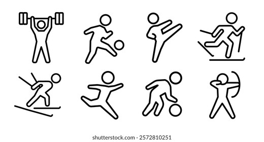 Sport activity stick figure icon set. Sports man body training vector illustration collection. Athlete person in different poses. Olympic games competition. Gym, soccer, martial arts or ski concept.