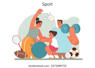 Sport activity together. Happy family training together, active lifestyle. Positive parenting tips. Fostering advice. Formation of your child's daily skills. Flat vector illustration