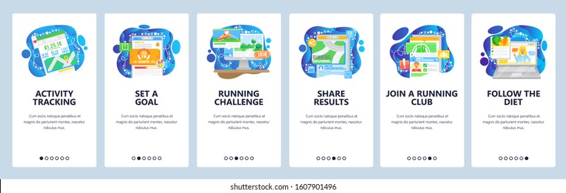 Sport activity tracket and fitness mobile app, set a gol and share results. Mobile app onboarding screens. Menu vector banner template for website and development. Web site design flat illustration.