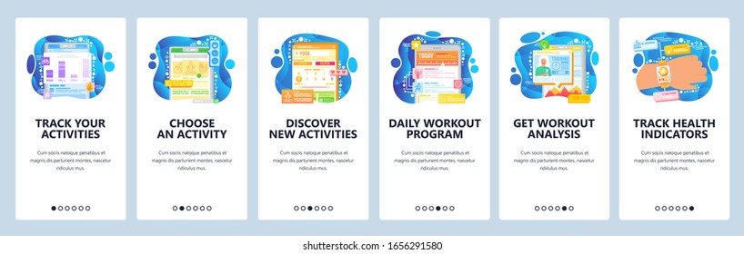 Aplicación móvil de seguimiento de actividades deportivas. Estilo de vida saludable, ejercicio físico, aparatos de fitness. Pantallas de inicio de aplicaciones. Plantilla de banner vectorial para el desarrollo de sitios web móviles. Ilustración de diseño del sitio Web