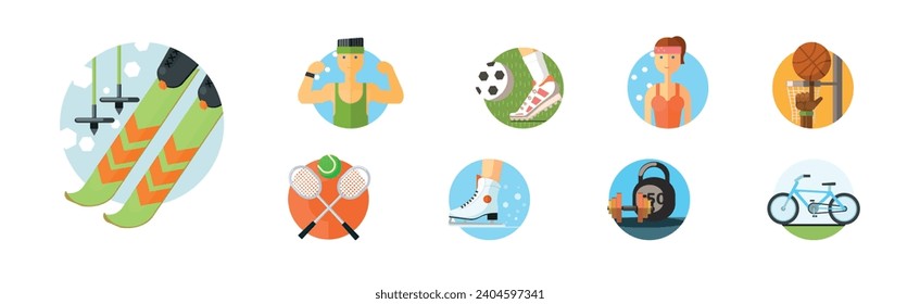 Icono de actividad deportiva y entrenamiento en conjunto de vectores de formas redondeadas