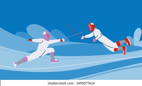 Sport and activity, two fencers playing fencing by using sword attack each other