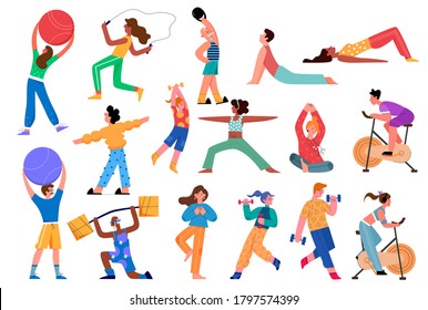 Sport activity vector illustration set. Cartoon flat active sportsman collection with man woman character doing yoga asana, fitness exercises with dumbbells in gym, healthy lifestyle isolated on white