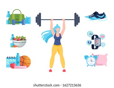 Sport Activity. Woman Doing Gymnastics And Workout. Healthy And Happy Girl. Fresh Food And Sport Exercises Are Good For Health. Wellbeing Rules. Flat Vector Illustration